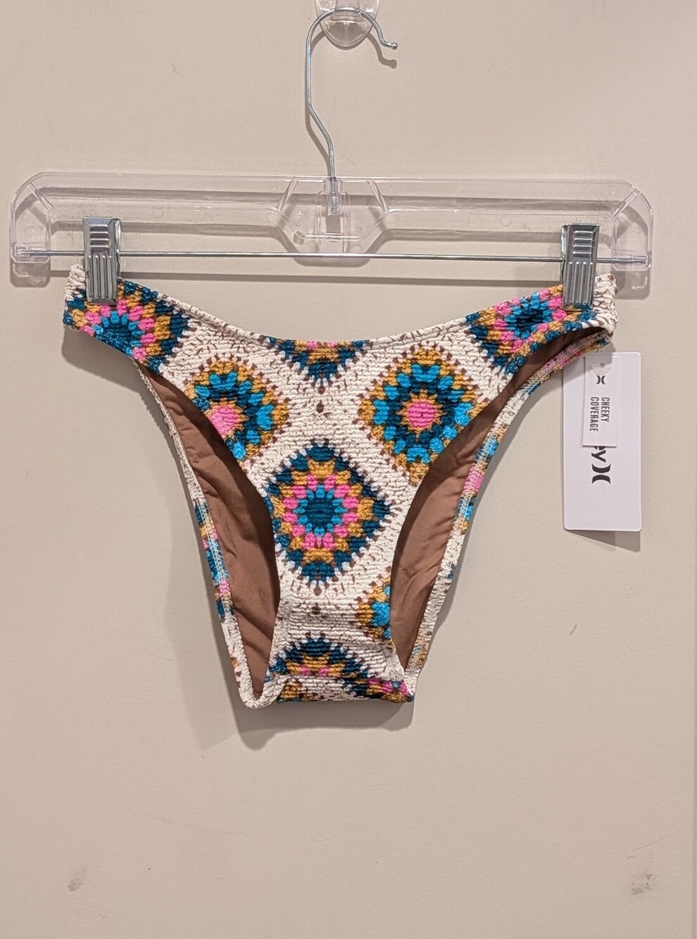 Hurley White Textured-Style Bikini Bottom with Teal, Pink & Yellow Accents XS